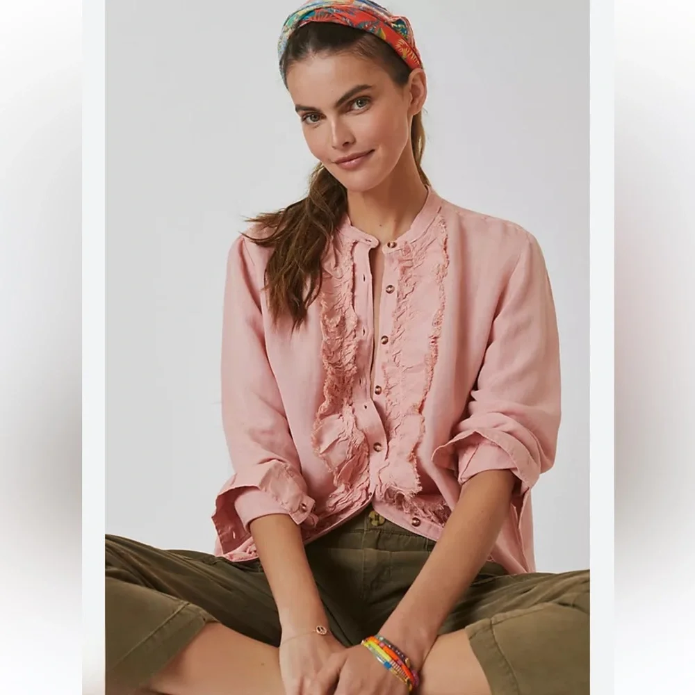 Anthropologie Pilcro linen blend Ruffled Placket Shirt peach - Picture 6 of 13
